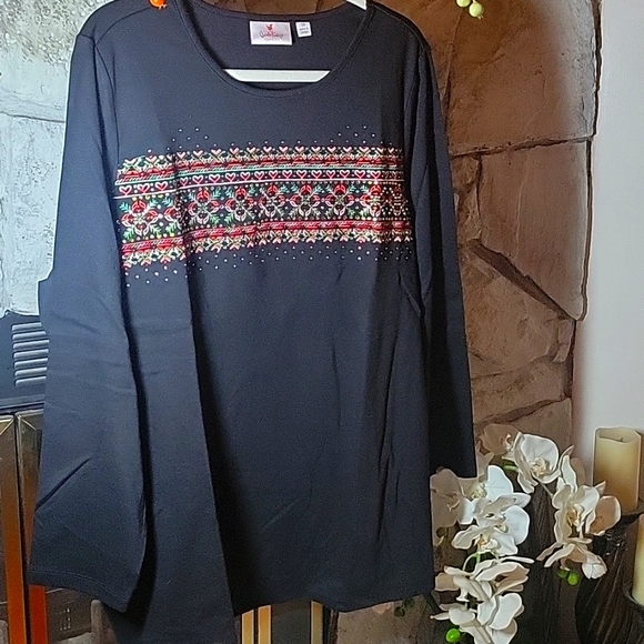 Quacker Factory Black Christmas Holiday Long Sleeve Embroidered Top-Plus Size 2X - Picture 6 of 6